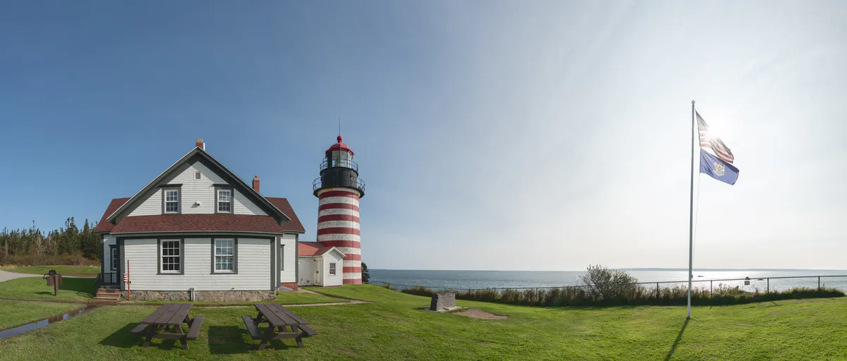West Quoddy Head Light in Lubec, Maine, an iconic red-and-white striped candy-cane tower on the easternmost point of the United States